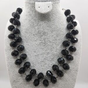 Vintage Chunky Black Faceted Crystal Glass Double Strand Toggle Necklace 16in